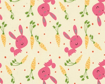 Carrots & Pink Bunny Fabric, Free Spirit Garden PWDW080 David Walker, Easter Quilt Fabric, 100% Cotton