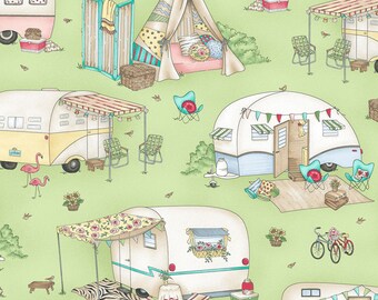 Green Retro Camper Quilt Fabric, Travel Trailer, Glamping, RV, Maywood Studio Roam Sweet Home, MAS8220 G, Glamour Trailers, Cotton
