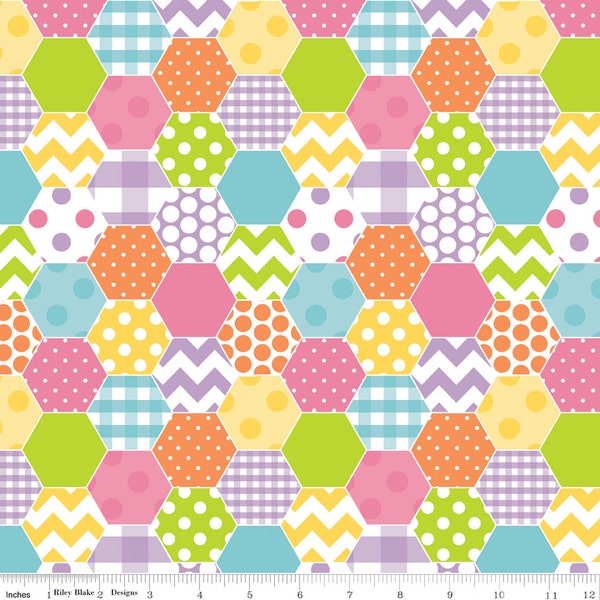 Pastel Hexagon Fabric, Riley Blake C770-03 Hexi, Baby Girls Quilt Fabric, Dots, Chevron, Check, Hexagon Print Cotton Fabric, Easter Fabric