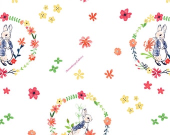 Floral Wreath Peter Rabbit Fabric, Visage Textile 2727C-02, Easter Fabric, Bunny Quilt Fabric by the Yard, 100% Cotton