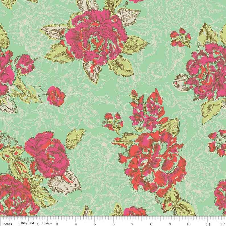 Green With Pink Roses Quilt Fabric Riley Blake C6120 Ivy Mae Etsy
