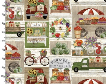 Farmers Market Fabric, 3 Wishes Locally Grown 20196 Market Patch by Beth Albert, Rustic Quilt Fabric, 100% Cotton