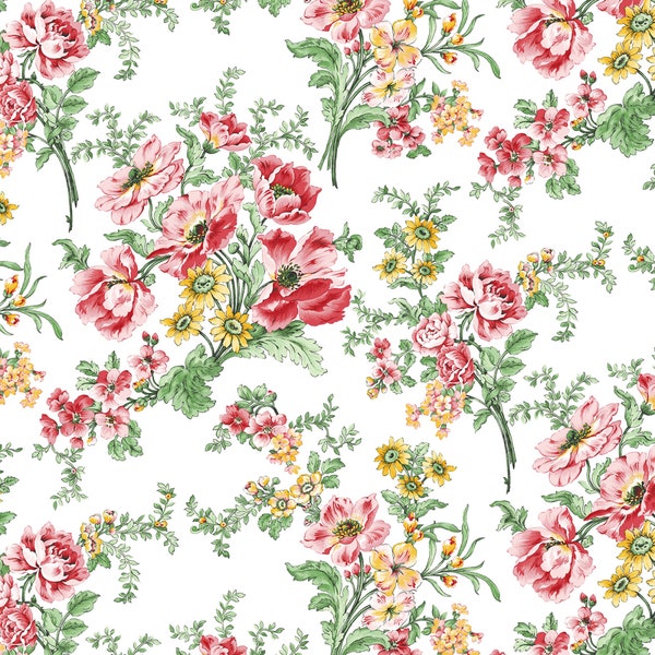 Yellow, Pink, Coral Floral Fabric, Benartex French Romance 13327-09 White, Cottage Chic Floral Quilt Fabric by the Yard, 100% Cotton