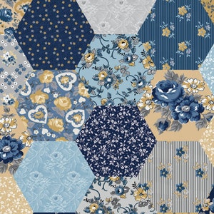 108" Wide Quilt Fabric, Gold & Blue Floral Wideback Hexagonal Quilt Fabric, Riley Blake WB10258 Multi, Wide Back Fabric, 100% Cotton