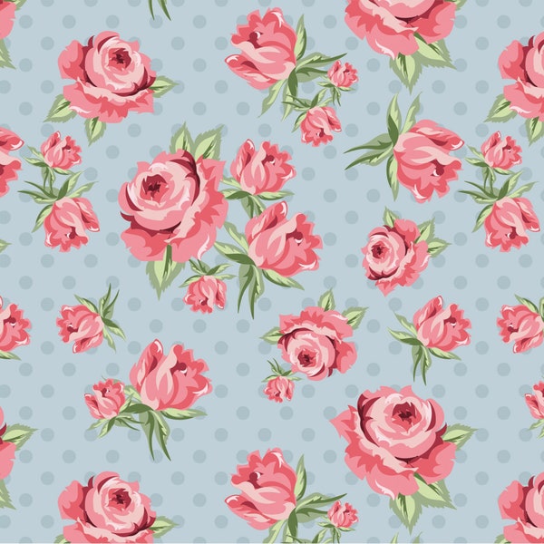 Peach, Coral Cottage Chic Roses Fabric, Poppie Cottons Dots and Posies 20402 Prize Roses Blue, Floral Quilt Fabric by the Yard, 100% Cotton