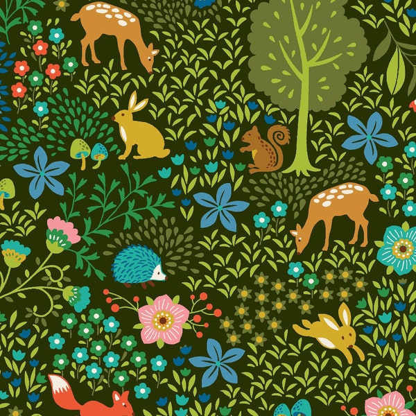 Green Woodland Animal Fabric, Studio E 3444 66, Pieceful Gathering, Woodland Baby & Children's Quilt Fabric, Fawn, Rabbit, Hedgehog, Cotton