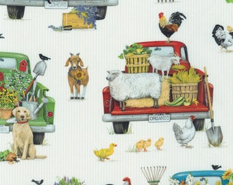 Farm Animal Fabric, Old Trucks Fabric, Robert Kaufman Down on the Farm 19300, Goat, Pig, Sheep, Farm Quilt Fabric by the Yard, 100% Cotton