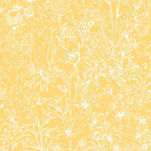 Yellow Floral Fabric, Maywood Studio Meadow's Edge 10006-S, Floral Blender Fabric, Yellow Floral Quilt Fabric by the Yard, 100% Cotton