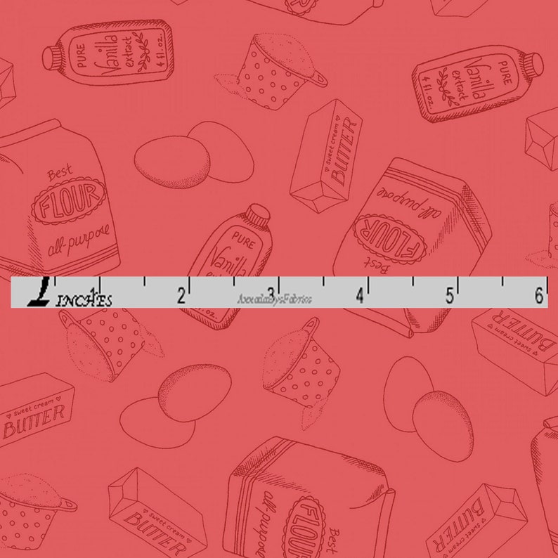 Flour Eggs Butter Red Retro Baking Fabric Maywood Studios Happiness is Homemade 9865R Cooking Kitchen Quilt Fabric by the Yard Cotton