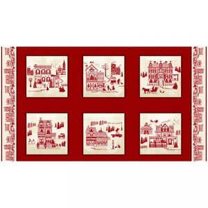 Cream & Dark Red Village Christmas Fabric Panel, Studio E Home for the Holidays 5173 84, Christmas Quilt Fabric Panel, 100% Cotton, 23"x44"