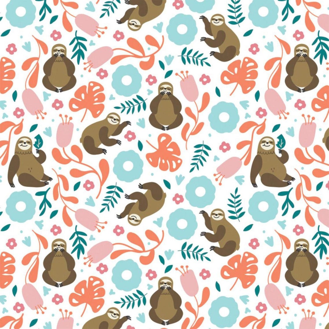 Coral, Aqua Sloth Fabric, Camelot Fabrics Born to Be Mild 211918031