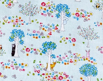 Woodland Floral & Tiny Animals Fabric, Cosmo Textiles SP2200-1D, Bear, Bunny, Deer, Hedgehog, Owl, Baby Quilt Fabric by the Yard, Cotton