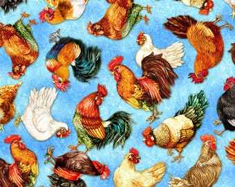 Tossed Roosters & Chickens Fabric on Blue, Oasis Lay an Egg 595782, Farm Animals, Farm Quilt Fabric by the Yard, 100% Cotton