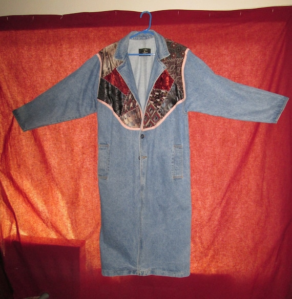 Vintage Quilt detail Denim Long Coat Duster trench