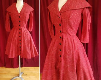 Button Up Red 1950s Dress with Large Collar. Full skirted Red 50s Dress with built in Petticoat.