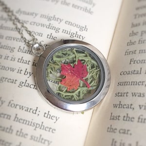 May include: A silver locket necklace with a glass insert containing a pressed red leaf and green moss.