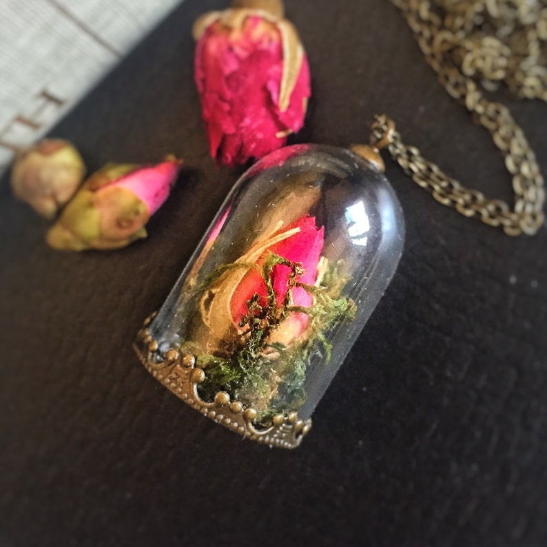 Red Rose Bud Necklace, Glass dome, bell jar, Love, Mori Girl, Beauty and the Beast, Valentine's Day, The Little Prince, Terrarium image 5