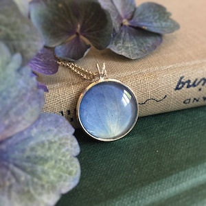 May include: A silver necklace with a round pendant featuring a pressed blue flower petal inside. The pendant is on a book with a brown cover.