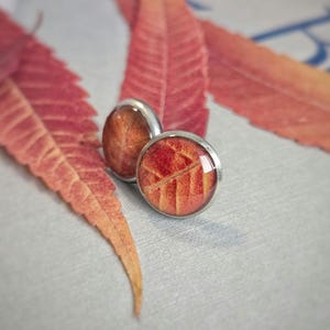 May include: Silver cufflinks featuring a close-up of a red and orange leaf design under clear glass. The cufflinks are set against a backdrop of blurred red leaves, evoking an autumnal theme.