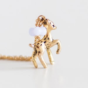 Gold Bambi Necklace, Vintage Style, Antique Golden Deer, Flower Bead, Forest, Mori Girl, Wish, Friendship, Valentine&#39;s Day, Bambi