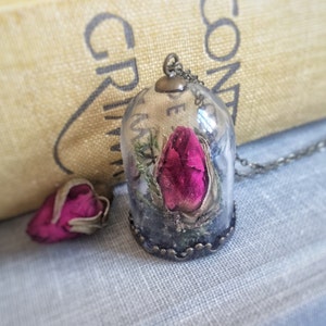 Red Rose Bud Necklace, Glass dome, bell jar, Love, Mori Girl, Beauty and the Beast, Valentine's Day, The Little Prince, Terrarium image 1