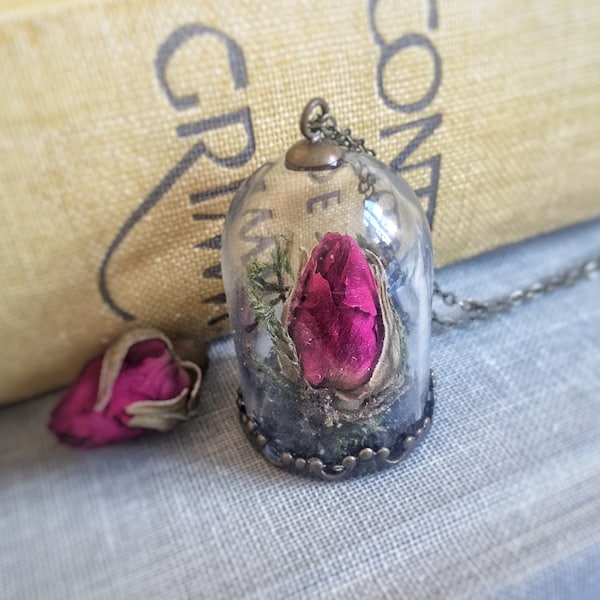 Red Rose Bud Necklace, Glass dome, bell jar, Love, Mori Girl, Beauty and the Beast, Valentine's Day, The Little Prince, Terrarium