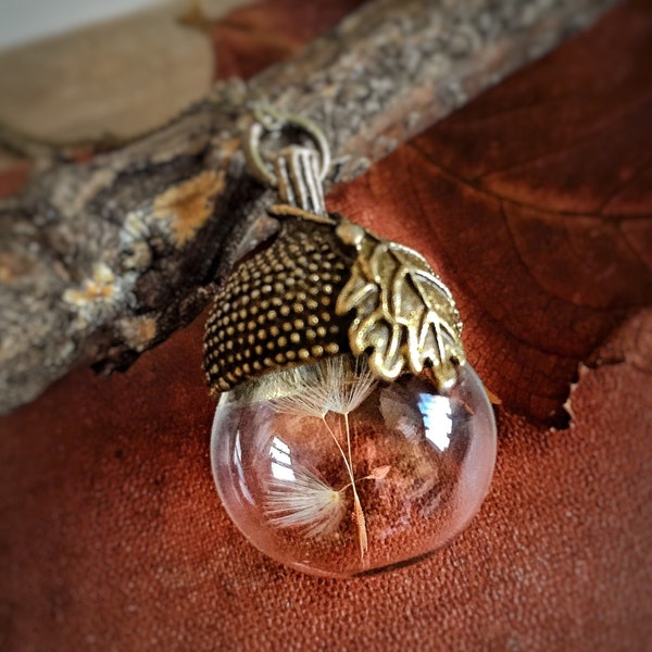 Dandelion Necklace, Glass Ball, Acorn, Oak, Mori Girl, Botanical, Woodland, Real Dried Flower, Boho Wedding, Terrarium, Antique, Glass dome