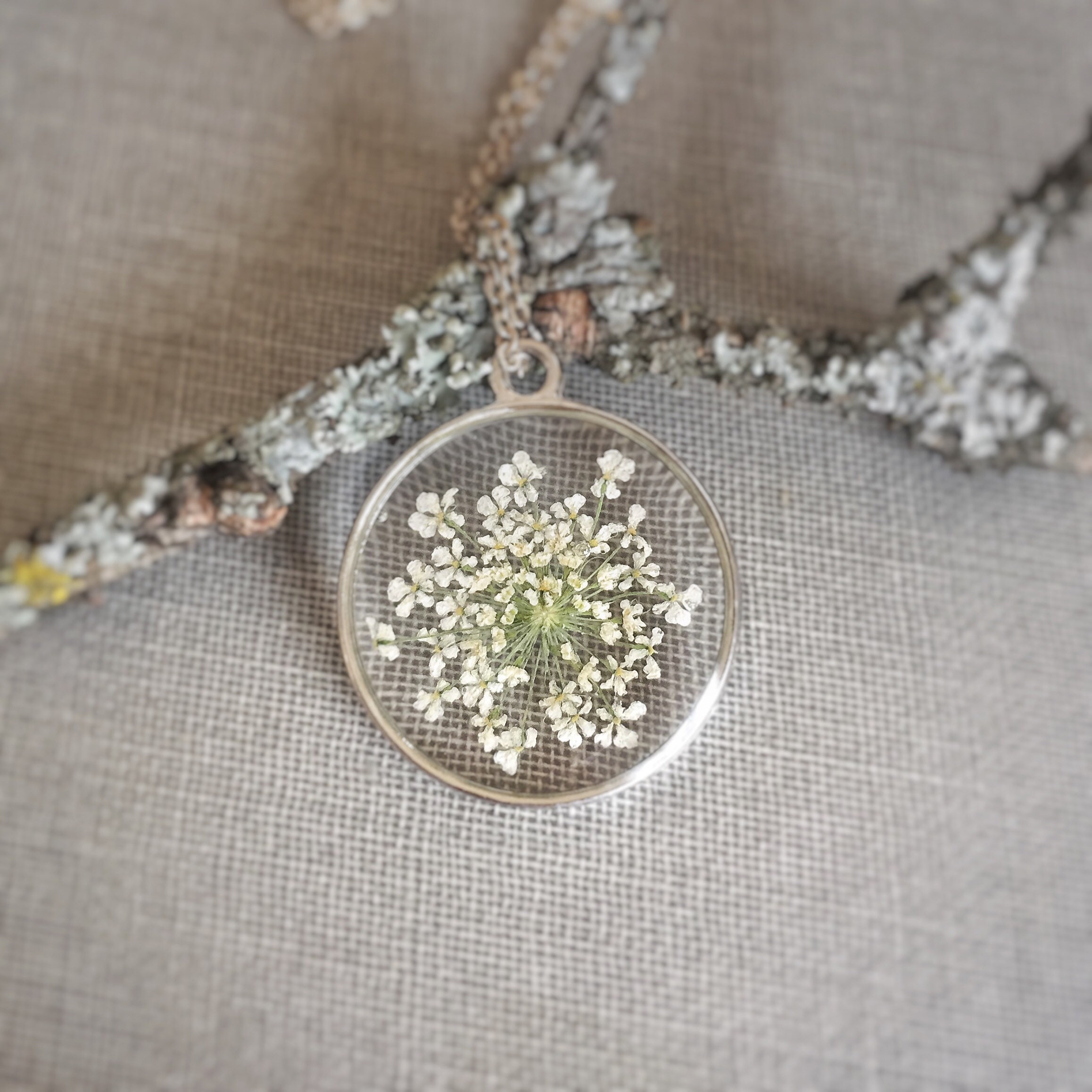Queen Annes Lace Necklace, Dried White Dill, Resin, Terrarium, Botani…