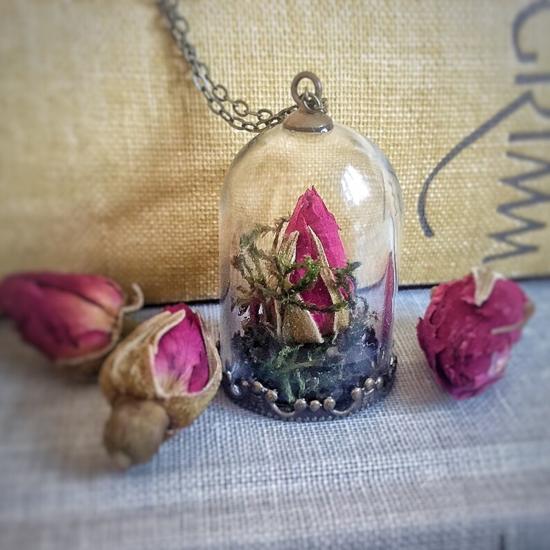 Red Rose Bud Necklace, Glass dome, bell jar, Love, Mori Girl, Beauty and the Beast, Valentine's Day, The Little Prince, Terrarium image 2