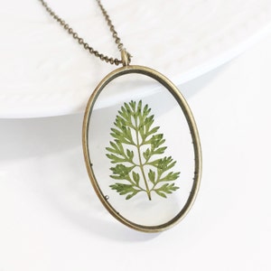 May include: A gold oval pendant necklace with a pressed green fern leaf inside. The pendant is suspended from a gold chain.