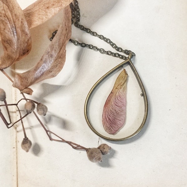 Pink Maple Seed Necklace, Real Dried Seed, Resin Glass Waterdrop Bronze Frame, Antique Vintage, Brass Botanical, Sphenomeris, Terrarium