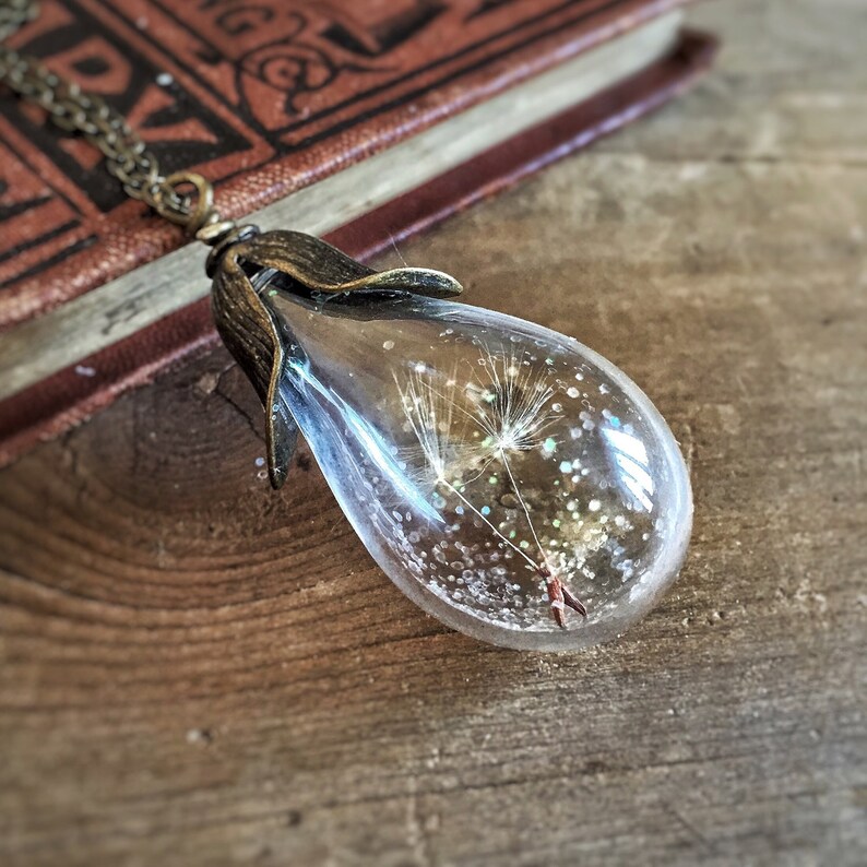 Dandelions Necklace Glass Water Drop Pendant Snow Flakes Etsy