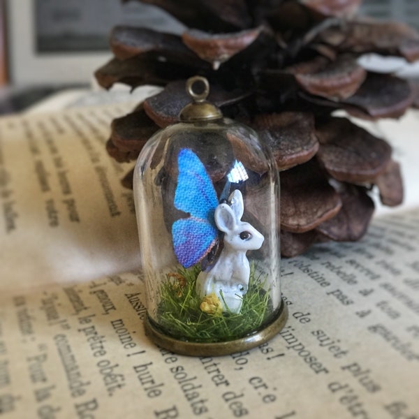 Glass Dome Rabbit Butterfly Pendant, Fairy Garden Necklace, Bell jar, Grass, Magic Power, Snow Globe, Wish, Mori Girl, woodland, Inspire