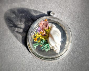 Collar de terrario floral de conchas marinas, hortensias y musgo, joyería costera