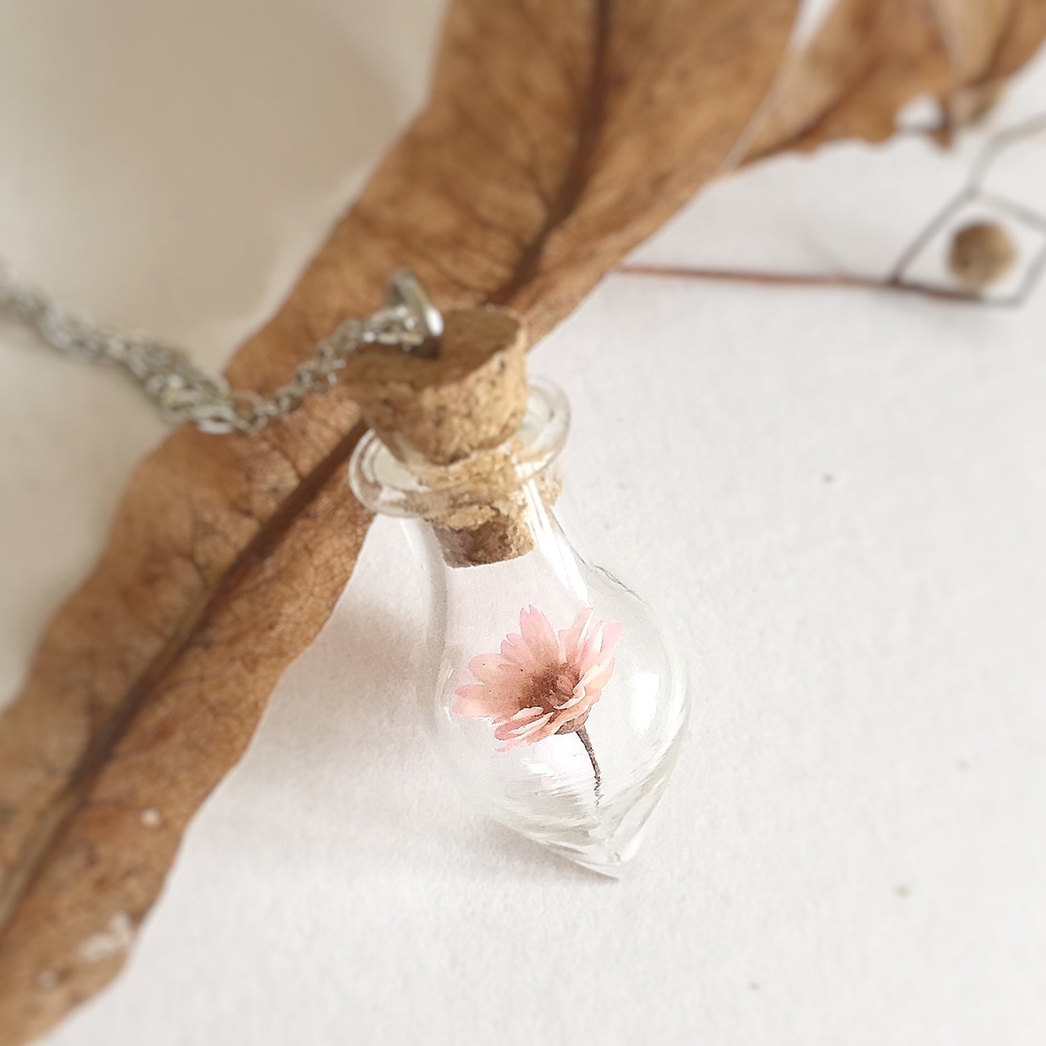 Real Dried Pink Feverfew Necklace: Botanical Glass Bottle Pendant