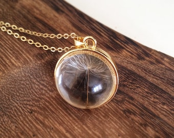 Real Dandelion Seed Orb Necklace: Glass Ball Pendant, Golden Frame