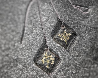 Pendientes de resina con encaje de la Reina Ana, joyería botánica con flores prensadas