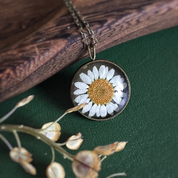 White Real Daisy Flower Necklace, Sunflower, Terrarium, Mori Girl, Botanical Woodland, Real Flower Pressed Dried Flower Pendant, Resin Glass