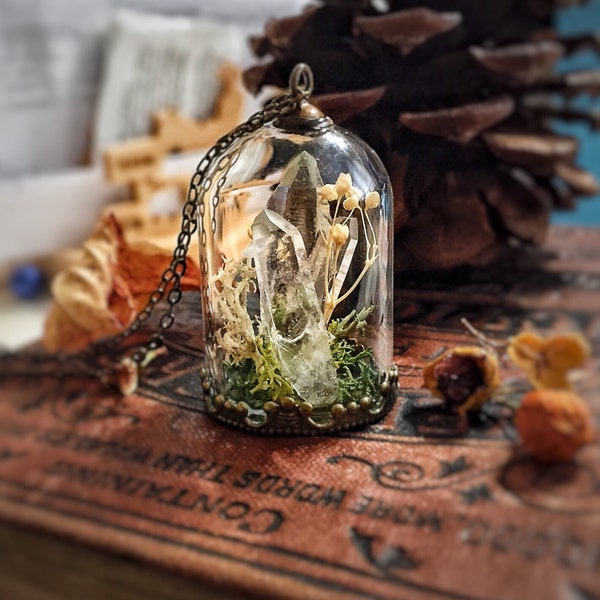 Raw Quartz Pendant, Crystal Necklace, Glass Dome, Bell jar, Moss, Magic Power, Snow Globe, Wish, Mori Girl, Real Flower, Inspire, Woodland