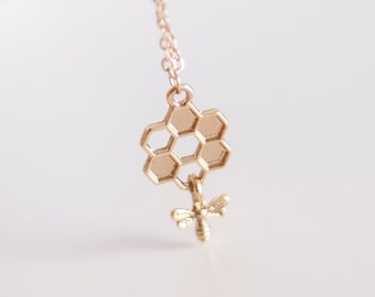 Goldkette mit Bienen & Honigwaben: Imker Geschenk