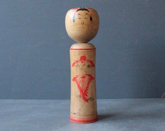 Vintage Japanese traditional hand painted wood dento Kokeshi doll in Narugo style signed item by craftsman Sakurai Shoji folk art souvenir