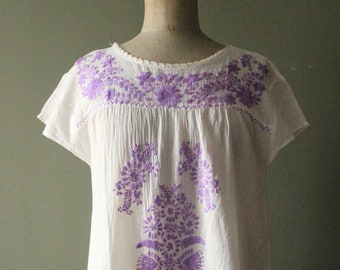 Handmade soft cotton embroidered blouse summer peasant hippie boho top traditional Mexican inspired folk style short sleeves free size smock