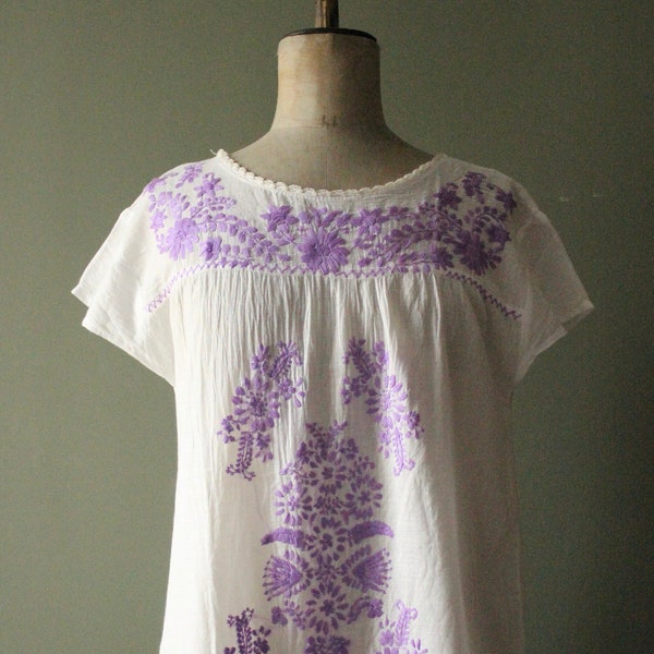 Handmade soft cotton embroidered blouse summer peasant hippie boho top traditional Mexican inspired folk style short sleeves free size smock