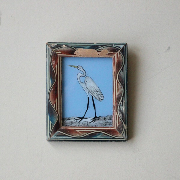 Charming vintage style reverse glass painting from India folk art hand painted heron wading bird recycled hand made frame 11.5 x 13.5cm