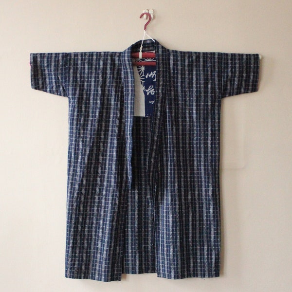 Vintage Japanese mans boys striped check indigo aizome blue cotton noragi traditional farmers workwear jacket kimono robe boro