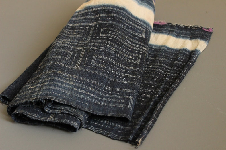 Vintage Hill Tribe Thai Hmong Fabric Batik Hand Dyed Indigo Cotton Linen Furnishing Upholstery Tribal Skirt Fabric Trim Textile Collector - 