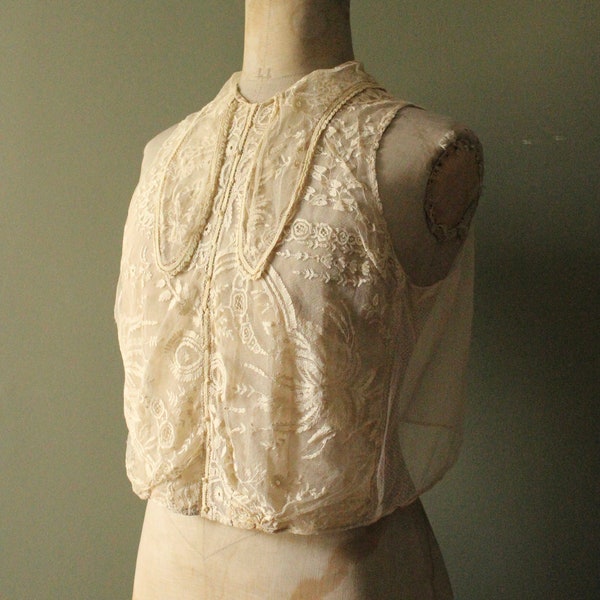 Délicate dentelle crème édouardienne des années 1920 et panneau de modestie en tulle net chemisette batiste robe avant col à volants bavoir costume reconstitution