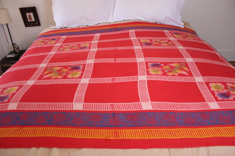 Vintage 1930s 1940s Style Large Tablecloth Throw Bedcover Pochoir Stencil Block Printed Design Coral Red Floral Cotton