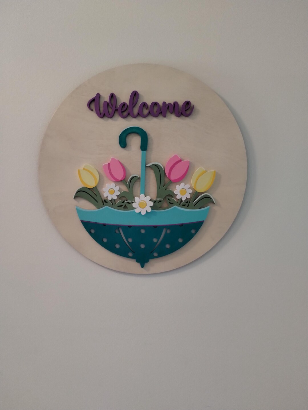 14" Round, Spring Door Sign, Umbrella Bouquet Flowers Door, Wall Sign ...
