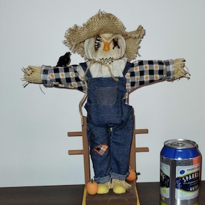 May include: A scarecrow with a straw hat, black and white checkered shirt, blue overalls, and a small black bird perched on its arm. The scarecrow is standing on a wooden platform with two small pumpkins. A can of sparkling water is in the background.